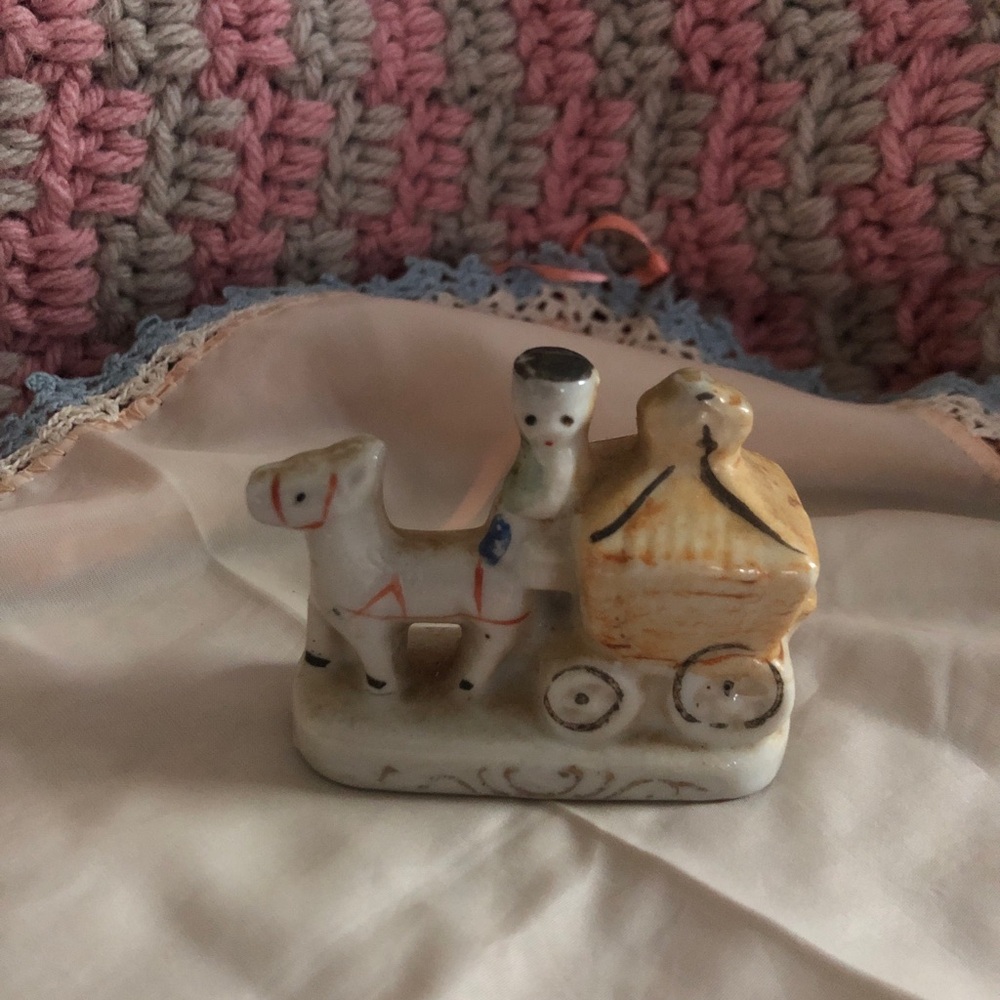 Vintage Porcelain Baby Carriage Figurine in White & Yellow